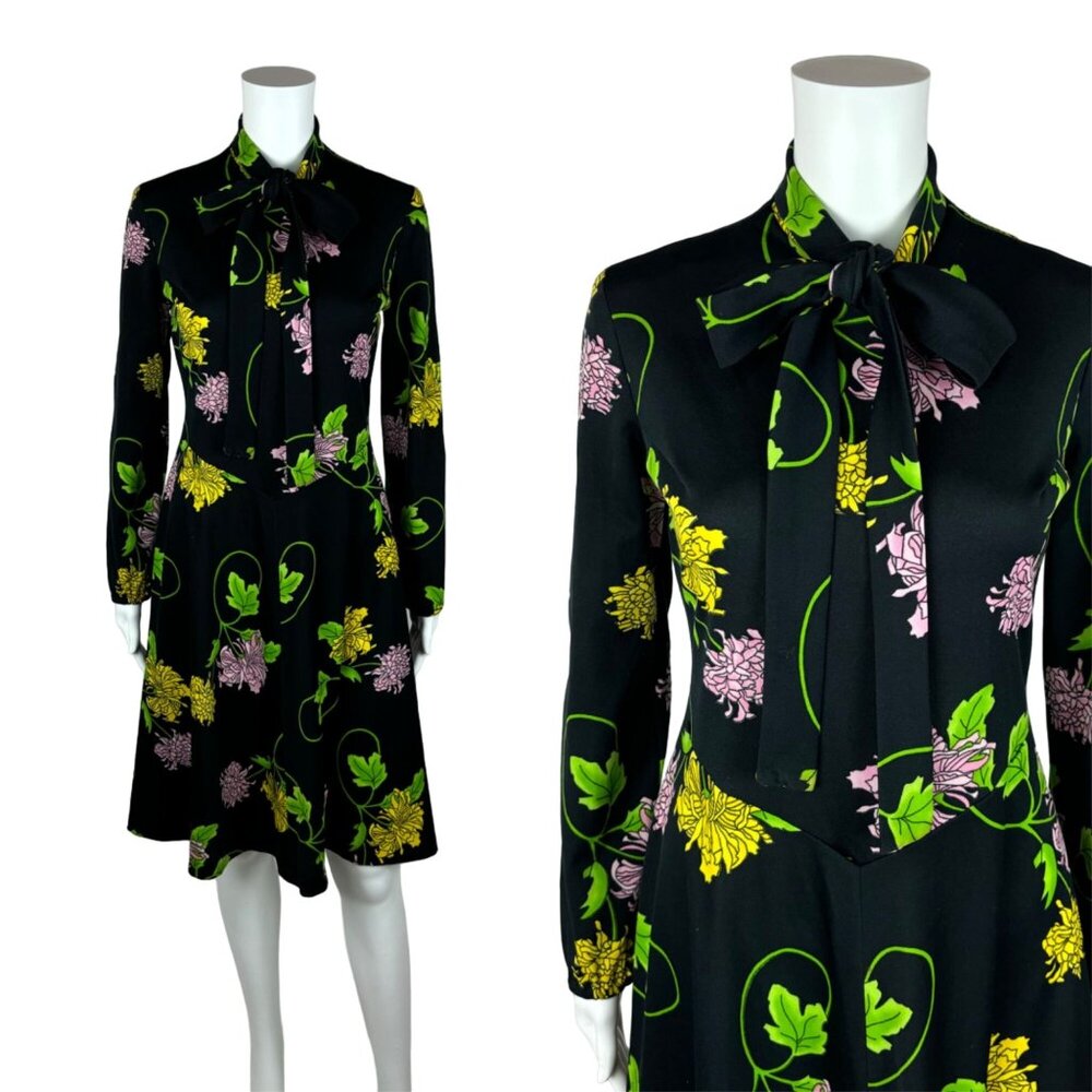 Vintage 70s Mini Dress Women's Medium Black Dark Floral Ascot Necktie Long Sleev